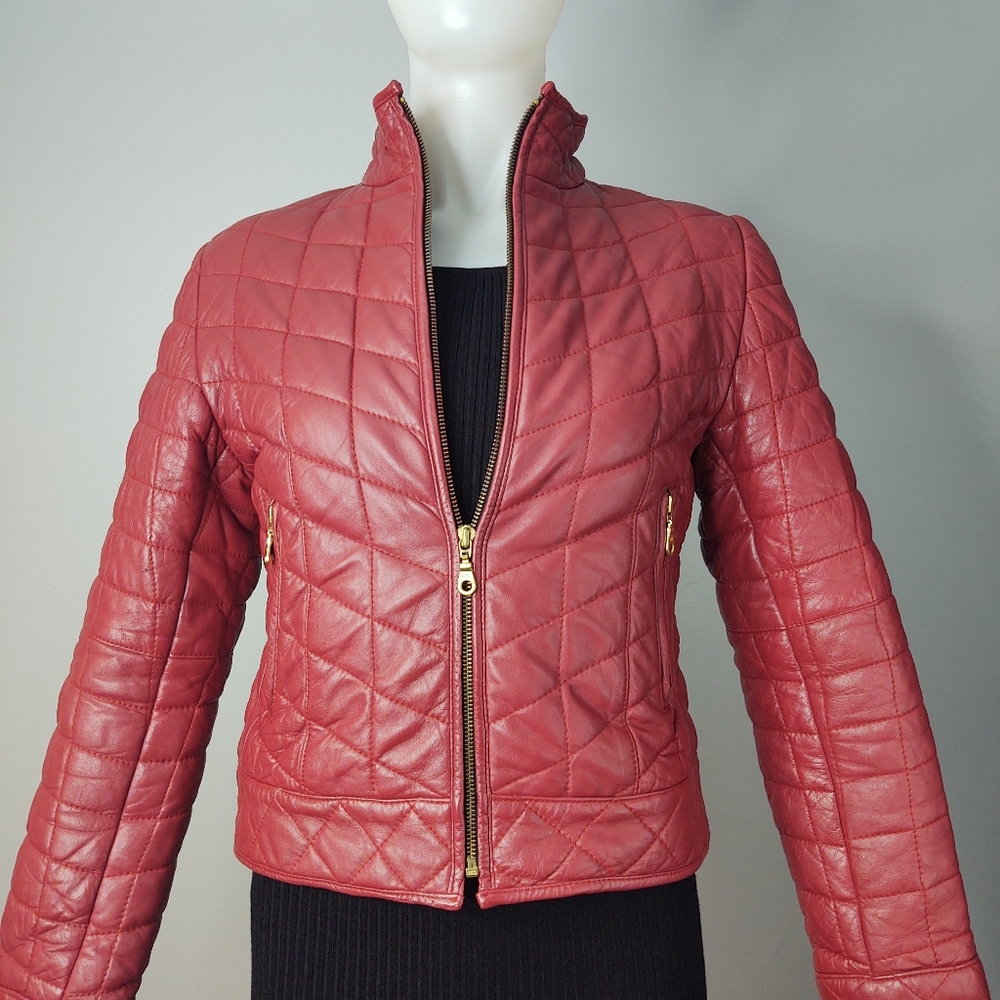Women's Leather Diamond Quilted Red Biker Jacket